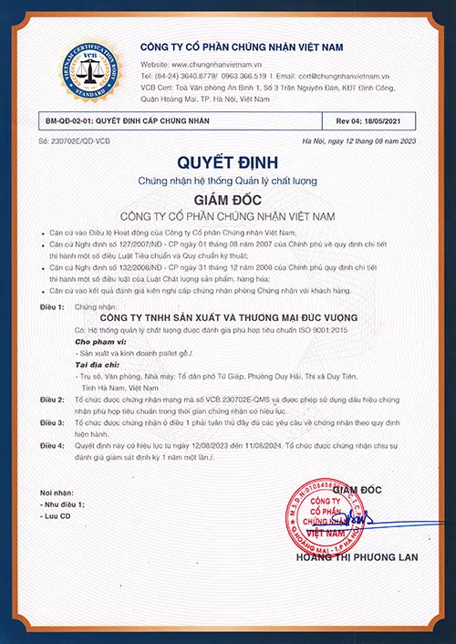 Sản phẩm iso (1) — Pallet Gỗ Đức Vượng - Công Ty TNHH Sản Xuất Và Thương Mại Đức Vượng — MST 0700211662
