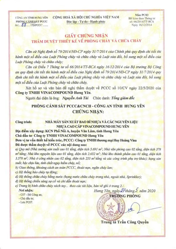 Sản phẩm Fire Brigade License 566x800 — Công Ty TNHH Vinacompound Hưng Yên — MST 0900888317