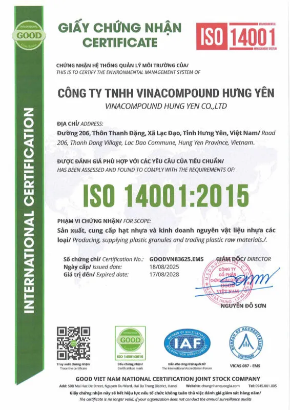 Sản phẩm ISO 14001 NEW 566x800 — Công Ty TNHH Vinacompound Hưng Yên — MST 0900888317