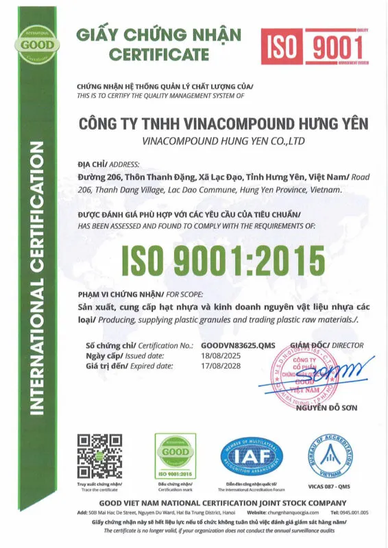 Sản phẩm ISO 9001 NEW 566x800 — Công Ty TNHH Vinacompound Hưng Yên — MST 0900888317