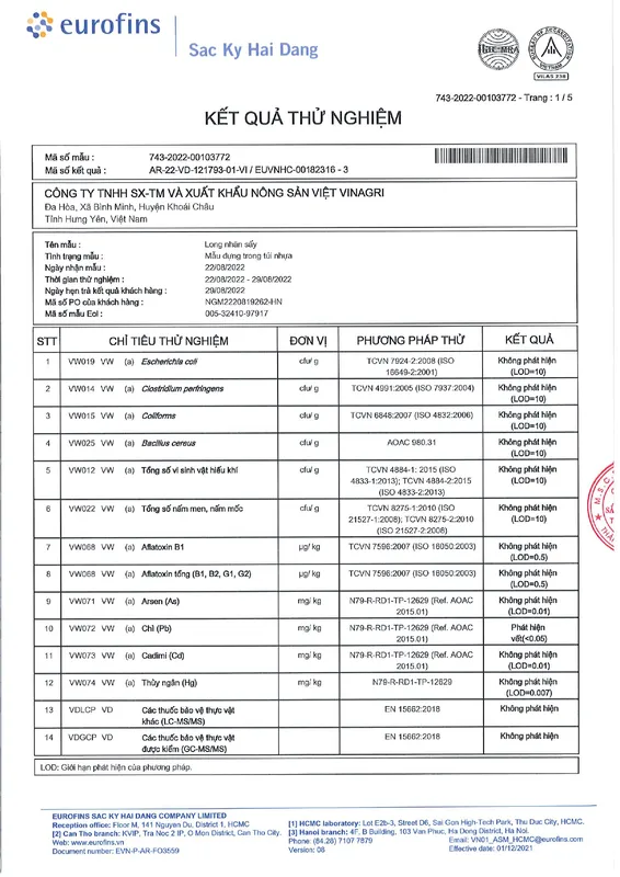 Sản phẩm Long nhan Du luong 2022_pages to jpg 0001 — Long Nhãn Hương Việt - Công Ty TNHH Vinagri Việt Nam — MST 0901104646
