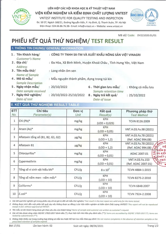 Sản phẩm Long nhan om sen Kim loai nang 2022_page 0001 — Long Nhãn Hương Việt - Công Ty TNHH Vinagri Việt Nam — MST 0901104646