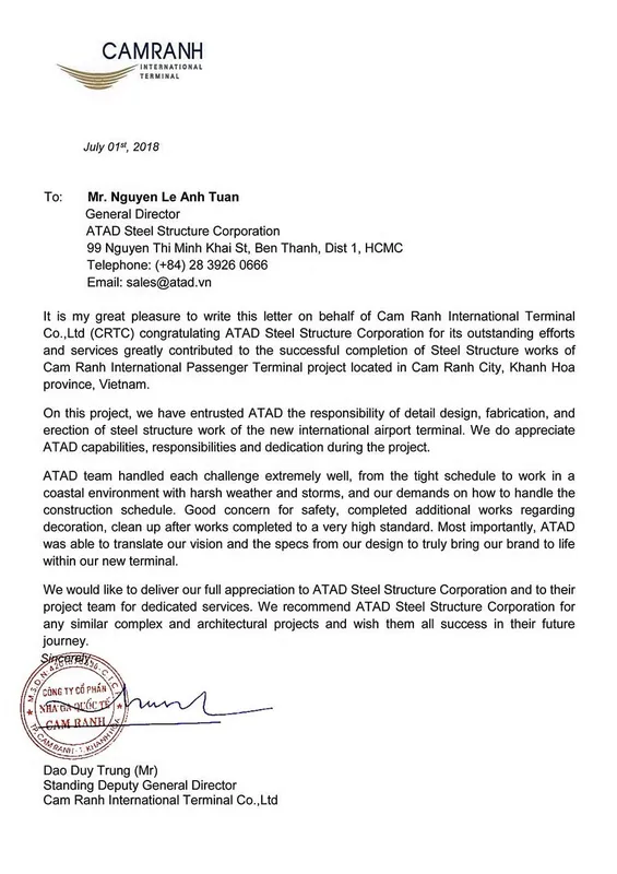 Sản phẩm Cam Ranh International Airport Testimonial 1 min — Công Ty Cổ Phần Kết Cấu Thép ATAD — MST 1100641143