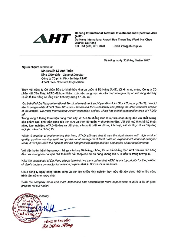 Sản phẩm Thu khen San bay quoc te Da Nang Song ngu min — Công Ty Cổ Phần Kết Cấu Thép ATAD — MST 1100641143