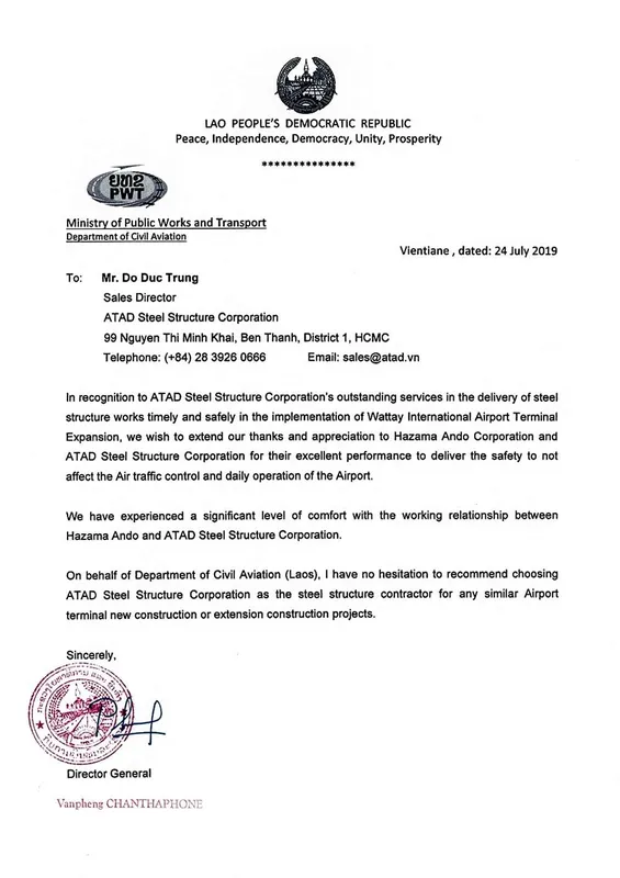 Sản phẩm Wattay International Airport Testimonial 1 min — Công Ty Cổ Phần Kết Cấu Thép ATAD — MST 1100641143