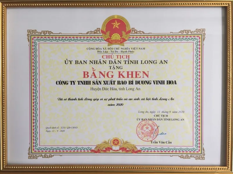 Sản phẩm Bang khen thanh tich dong gop vi su phat trien va an sinh xa hoi tinh Long an — Bao Bì Dương Vinh Hoa - Công Ty TNHH Sản Xuất Bao Bì Dương Vinh Hoa — MST 1101671581
