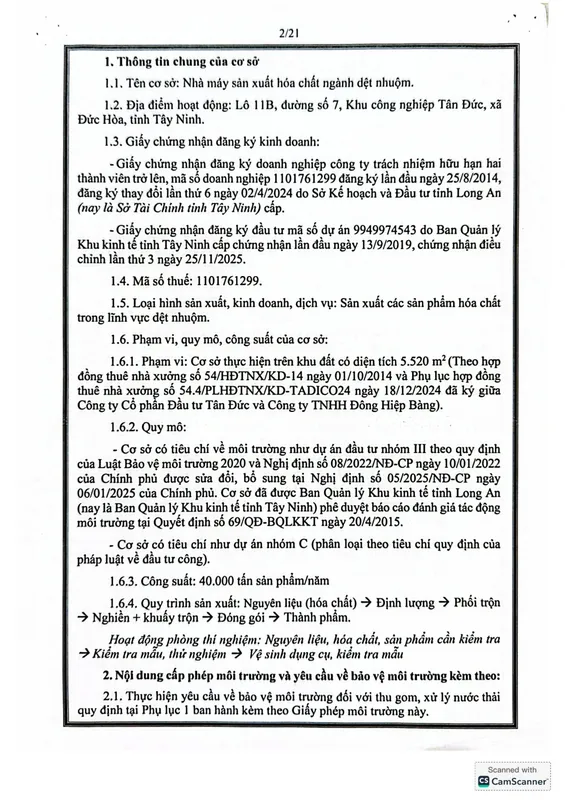 Sản phẩm giay phep moi truong hinh anh 1 8424 — Hóa Chất Đông Hiệp Bàng - Công Ty TNHH Đông Hiệp Bàng — MST 1101761299