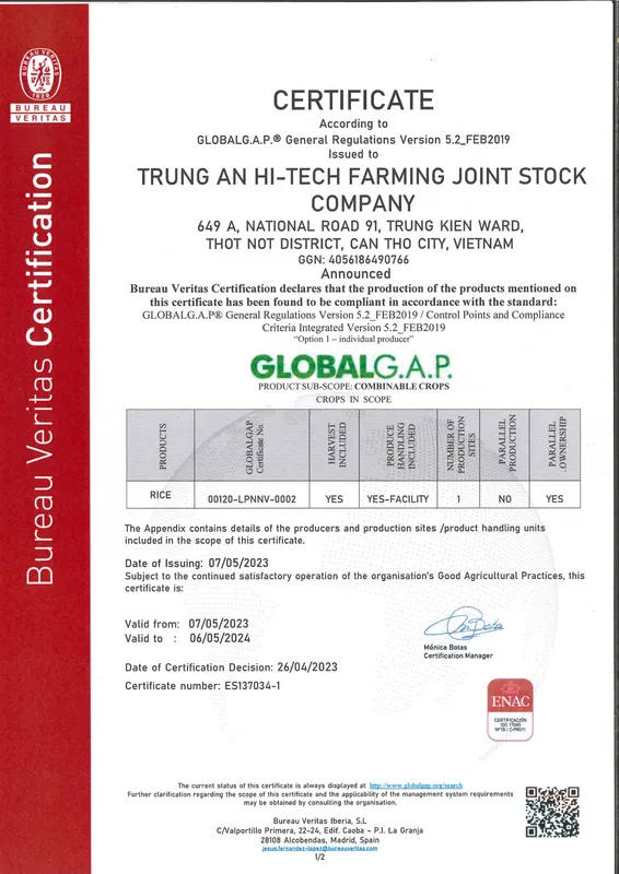 Sản phẩm TRUNG AN RICE GLOBALG.A.P. CROPS 14291317 V1 1_Page1 — Gạo Trung An - Công Ty CP Nông Nghiệp Công Nghệ Cao Trung An — MST 1800241736