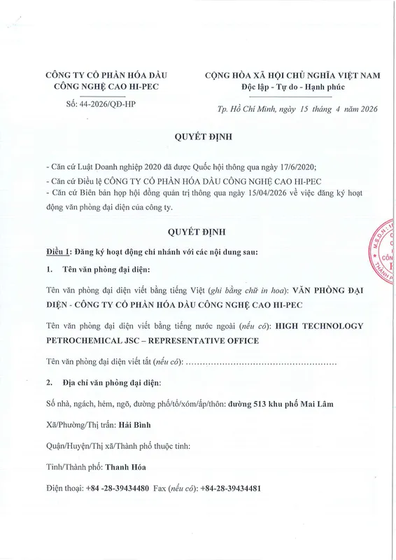 Sản phẩm Quyet dinh mo VPDD 1 — Công Ty Cổ Phần Hóa Dầu Công Nghệ Cao Hi-Pec — MST 1800565113