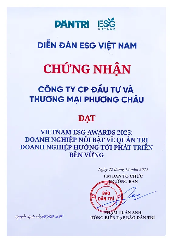 Sản phẩm bằng chứng nhận esg 1 thumb — Chi Nhánh Công Ty Cổ Phần Đầu Tư Và Thương Mại Phương Châu — MST 1800651309