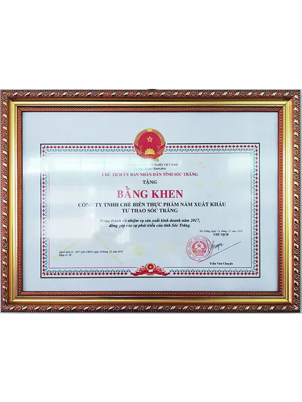 Sản phẩm bang khen — Công Ty TNHH Chế Biến Thực Phẩm Nấm Xuất Khẩu Tư Thao Sóc Trăng — MST 2200197607