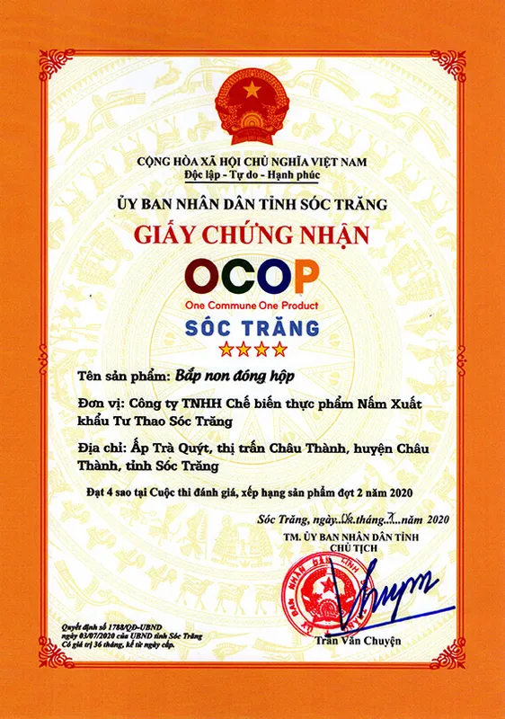 Sản phẩm bap non dong hop — Công Ty TNHH Chế Biến Thực Phẩm Nấm Xuất Khẩu Tư Thao Sóc Trăng — MST 2200197607