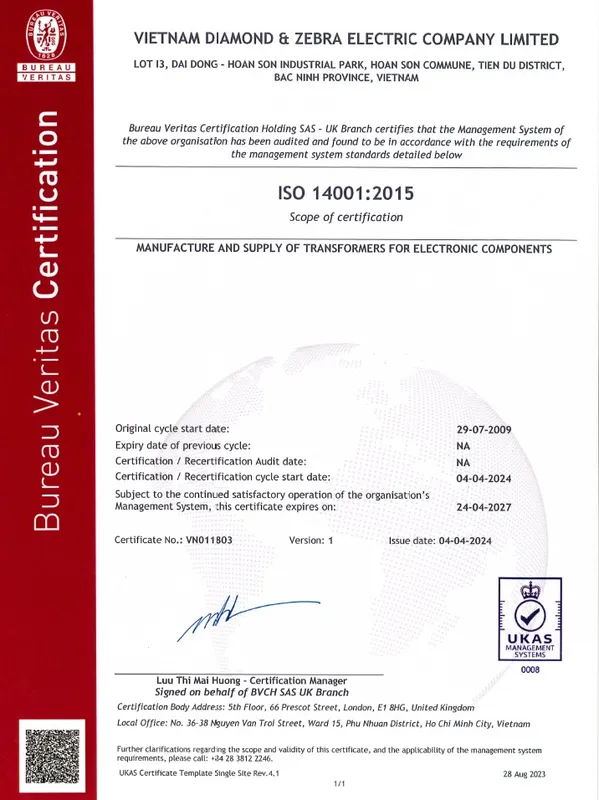 Sản phẩm ISO14001 — Công Ty Trách Nhiệm Hữu Hạn Việt Nam Diamond & Zebra Electric — MST 2300312853