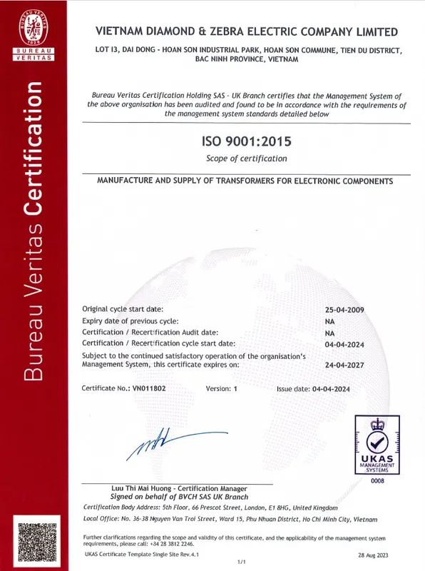Sản phẩm ISO9001 — Công Ty Trách Nhiệm Hữu Hạn Việt Nam Diamond & Zebra Electric — MST 2300312853