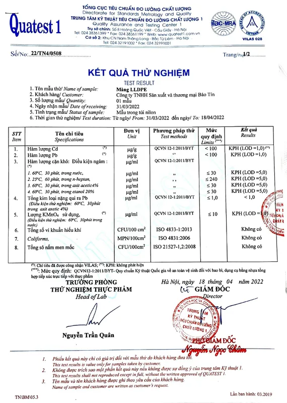 Sản phẩm Test kim loai va vi sinh_page 0001 — Màng Bảo Vệ, Màng PE Bảo Tín - Công Ty TNHH Sản Xuất Và Thương Mại Bảo Tín — MST 2300489000