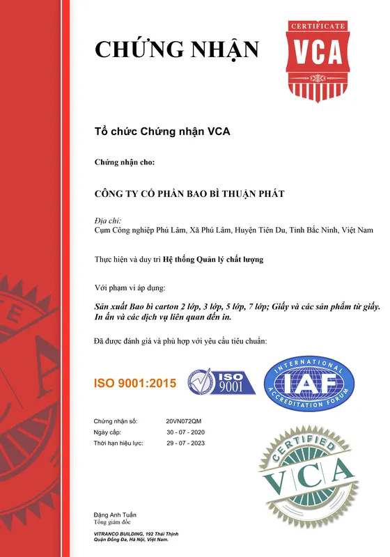 Sản phẩm iso thuan phat — Chi Nhánh Công Ty Cổ Phần Bao Bì Công Nghệ Thuận Phát — MST 2301148282