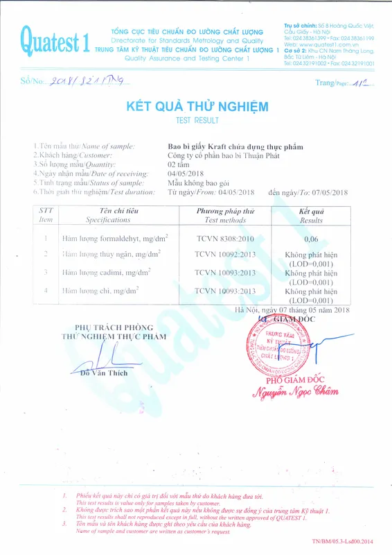 Sản phẩm ket qua thu nghiem — Chi Nhánh Công Ty Cổ Phần Bao Bì Công Nghệ Thuận Phát — MST 2301148282