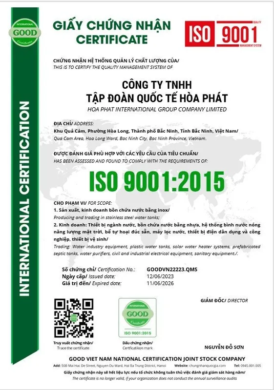 Sản phẩm Chá»©ng Nháº­n ISO 9001 — Bồn Nước Hòa Phát - Công Ty TNHH Tập Đoàn Quốc Tế Hòa Phát — MST 2301220186