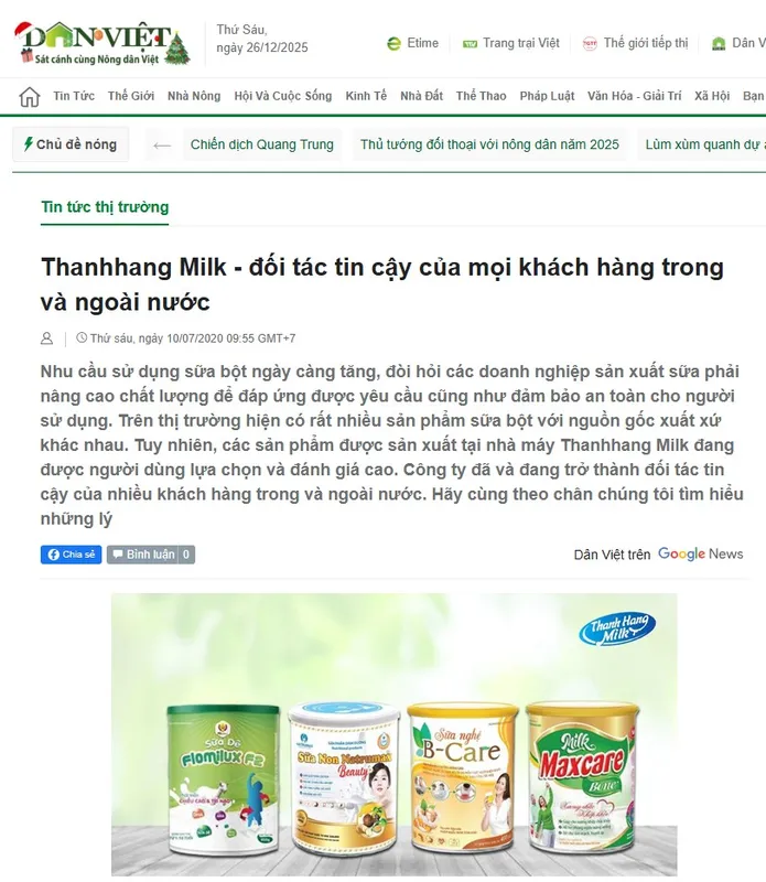 Sản phẩm dan viet — Gia Công Sữa Thanh Hằng - Công Ty TNHH Thảo Dược Thanh Hằng — MST 2400397762
