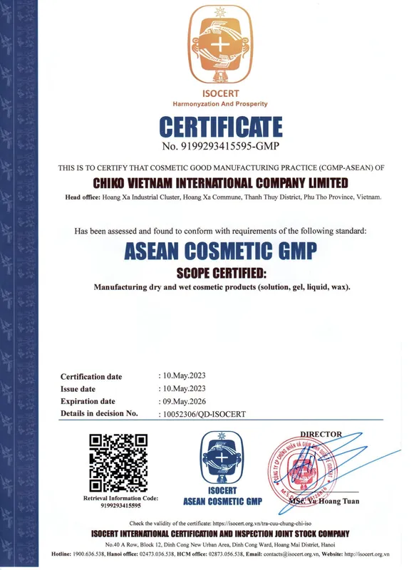 Sản phẩm Ban sao cua GCN CHIKO 9001 GMP COSMETIC 2 1 — Mỹ Phẩm CHIKO Việt Nam - Chi Nhánh Công Ty TNHH Quốc Tế CHIKO Việt Nam — MST 2601064403