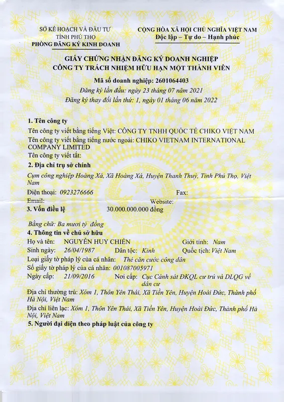 Sản phẩm Ban sao cua GCN DKDN CHIKO 1 — Mỹ Phẩm CHIKO Việt Nam - Chi Nhánh Công Ty TNHH Quốc Tế CHIKO Việt Nam — MST 2601064403