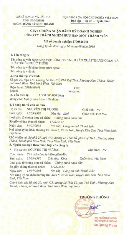 Sản phẩm giay phep dang ky 27828 — Công Ty TNHH Sản Xuất Thương Mại Và Phát Triển Phúc Thịnh — MST 2700826941