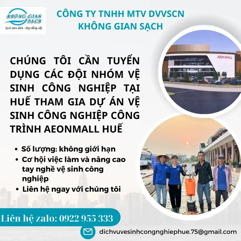 Sản phẩm Tuyển dụng aeonmall huế — Vệ Sinh Công Nghiệp Không Gian Sạch - Công Ty TNHH MTV Dịch Vụ Vệ Sinh Công
Nghiệp Không Gian Sạch — MST 3301621768