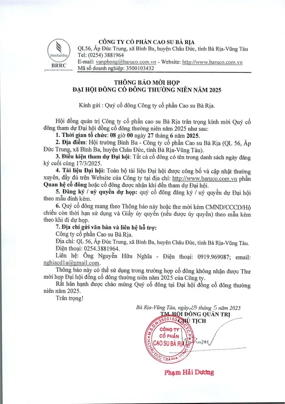 Sản phẩm Thông báo mời họp Đại hội đồng cổ đông    0001 — Cao Su Bà Rịa - Công Ty Cổ Phần Cao Su Bà Rịa — MST 3500103432