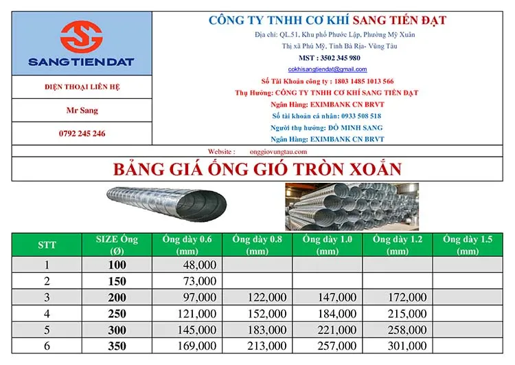 Sản phẩm bang gia 1 — ống Gió Sang Tiến Đạt - Công Ty TNHH Cơ Khí Sang Tiến Đạt — MST 3502345980