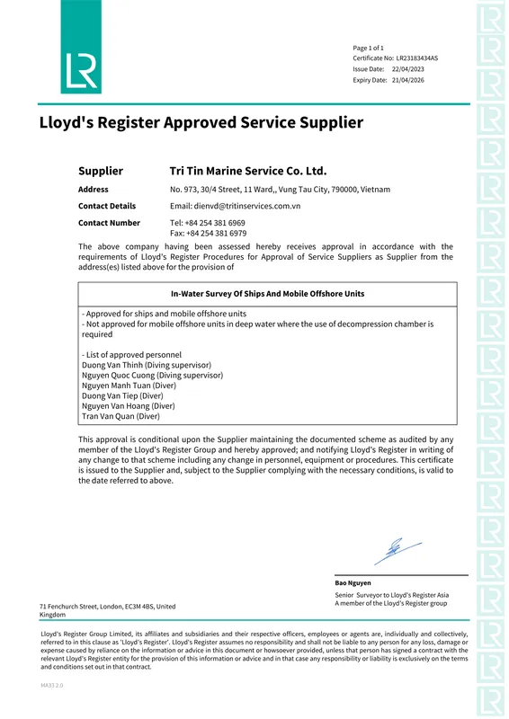 Sản phẩm Lloyds approval cert 1 — Công Ty TNHH Dịch Vụ Hàng Hải Trí Tín — MST 3502393938