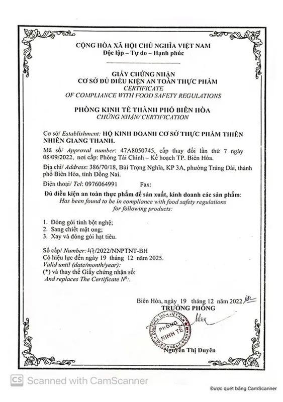 Sản phẩm ATTP — Mật Ong Giang Thanh — MST 3603407217
