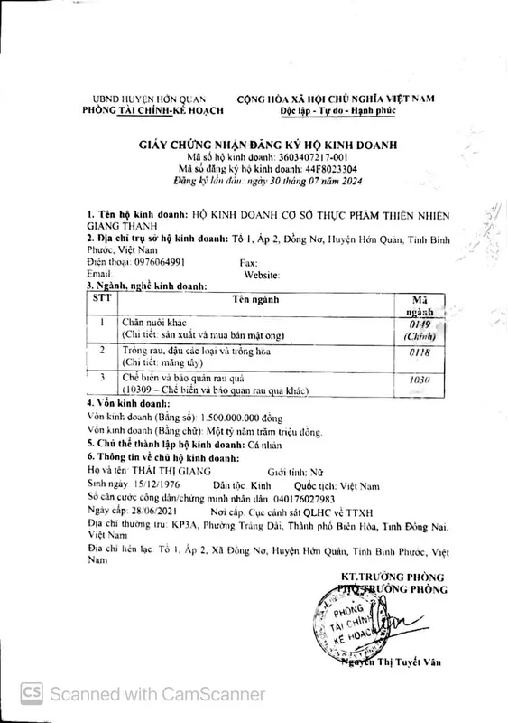 Sản phẩm GPKD (2) — Mật Ong Giang Thanh — MST 3603407217