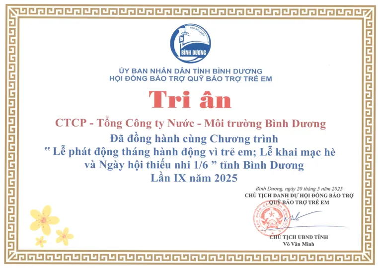 Sản phẩm ubnd tinh bao tro quy bao tro tre em tri an dong hanh chuong trinh phat dong thang hanh dong vi tre em 2025 2026 01 12 14 09 14 — Công Ty CP - Tổng Công Ty Nước - Môi Trường Bình Dương — MST 3700145694
