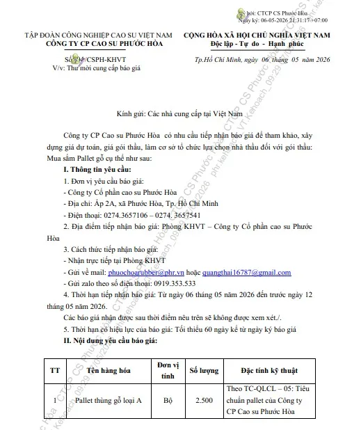 Sản phẩm Mua sam pallet go10173408052026 — Cao Su Phước Hòa - Công Ty Cổ Phần Cao Su Phước Hòa — MST 3700147532