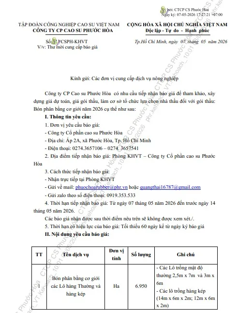 Sản phẩm Thu moi cung cap bao gia goi thau Bon phan bang co gioi nam 202610190308052026 — Cao Su Phước Hòa - Công Ty Cổ Phần Cao Su Phước Hòa — MST 3700147532