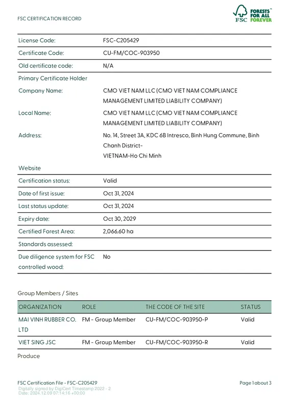 Sản phẩm FSC CMO — Cao Su Mai Vĩnh - Công Ty TNHH Sản Xuất Thương Mại & Dịch Vụ Mai Vĩnh — MST 3700549753