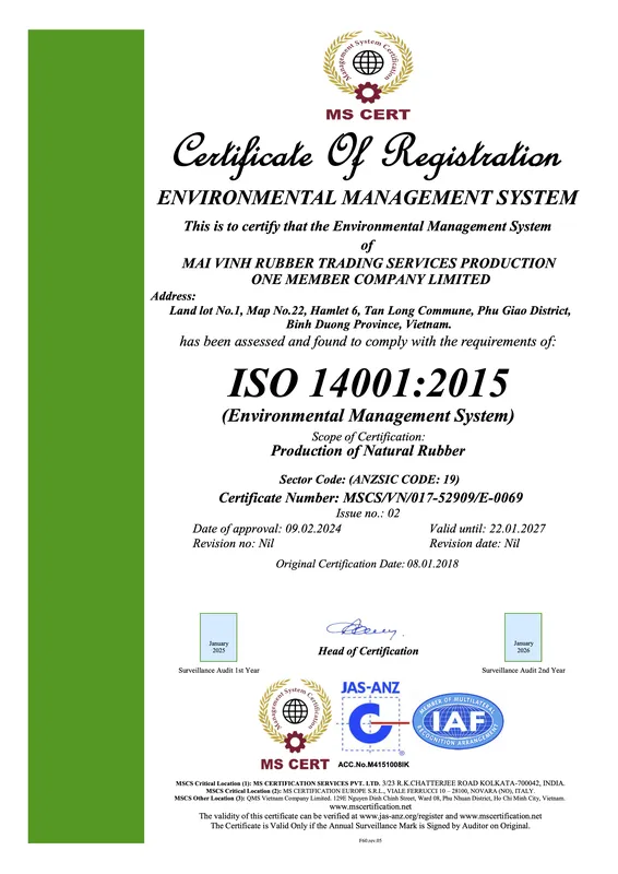 Sản phẩm ISO 14001 — Cao Su Mai Vĩnh - Công Ty TNHH Sản Xuất Thương Mại & Dịch Vụ Mai Vĩnh — MST 3700549753