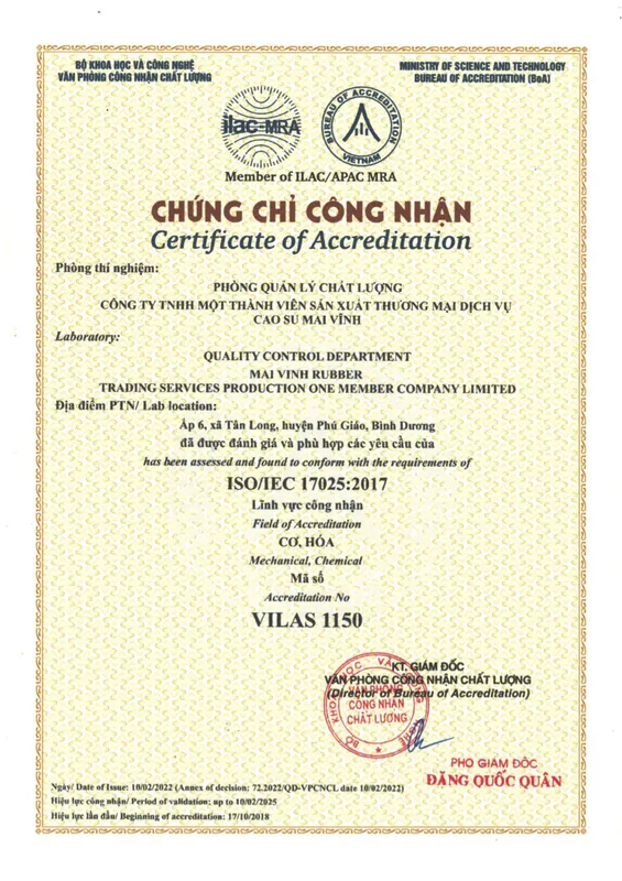 Sản phẩm ISO 17025 — Cao Su Mai Vĩnh - Công Ty TNHH Sản Xuất Thương Mại & Dịch Vụ Mai Vĩnh — MST 3700549753