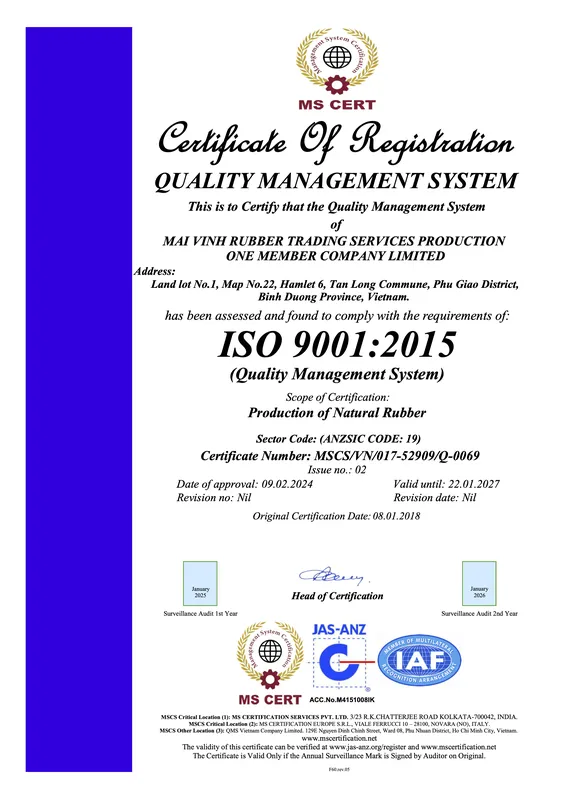 Sản phẩm ISO 9001 — Cao Su Mai Vĩnh - Công Ty TNHH Sản Xuất Thương Mại & Dịch Vụ Mai Vĩnh — MST 3700549753
