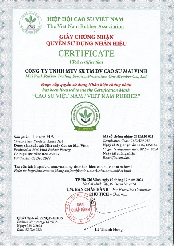Sản phẩm VNR Latex HA — Cao Su Mai Vĩnh - Công Ty TNHH Sản Xuất Thương Mại & Dịch Vụ Mai Vĩnh — MST 3700549753