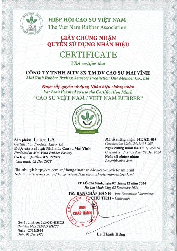 Sản phẩm VNR Latex LA — Cao Su Mai Vĩnh - Công Ty TNHH Sản Xuất Thương Mại & Dịch Vụ Mai Vĩnh — MST 3700549753