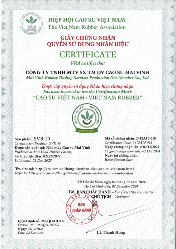 Sản phẩm VNR SVR 10 — Cao Su Mai Vĩnh - Công Ty TNHH Sản Xuất Thương Mại & Dịch Vụ Mai Vĩnh — MST 3700549753