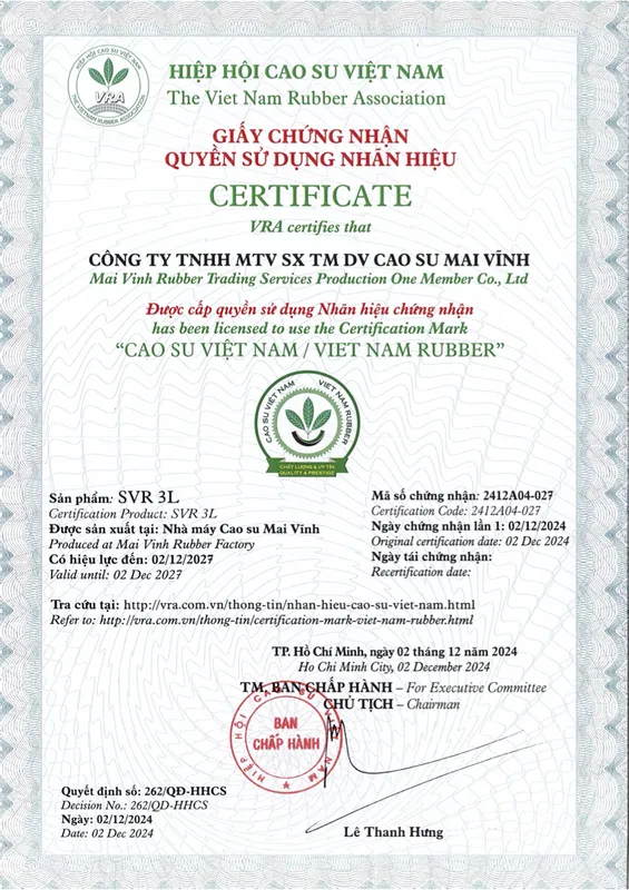 Sản phẩm VNR SVR 3L — Cao Su Mai Vĩnh - Công Ty TNHH Sản Xuất Thương Mại & Dịch Vụ Mai Vĩnh — MST 3700549753