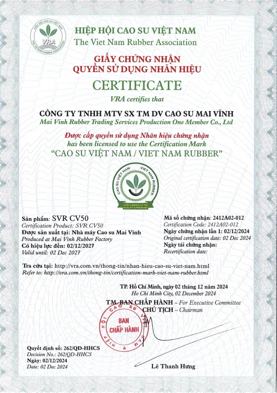 Sản phẩm VNR SVR CV50 — Cao Su Mai Vĩnh - Công Ty TNHH Sản Xuất Thương Mại & Dịch Vụ Mai Vĩnh — MST 3700549753