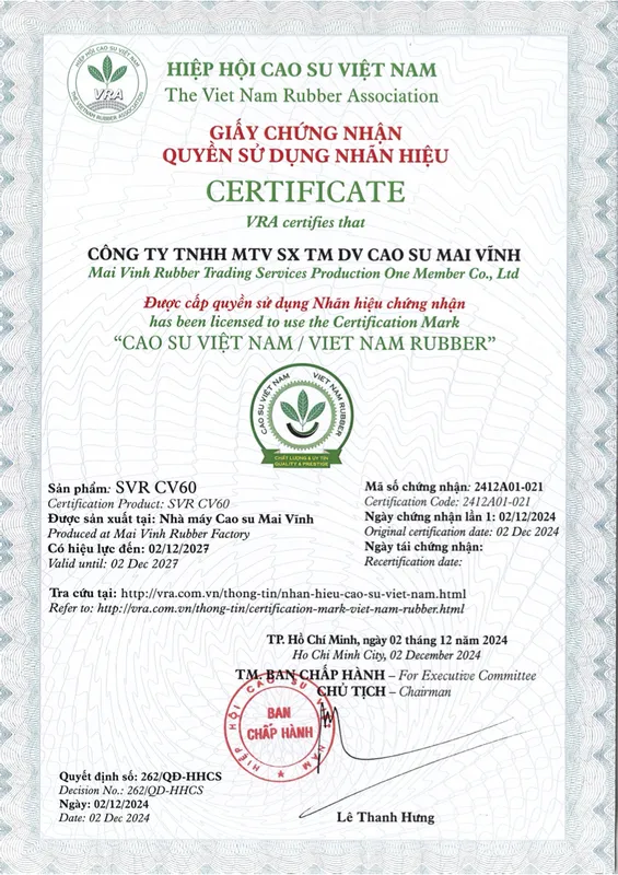 Sản phẩm VNR SVR CV60 — Cao Su Mai Vĩnh - Công Ty TNHH Sản Xuất Thương Mại & Dịch Vụ Mai Vĩnh — MST 3700549753