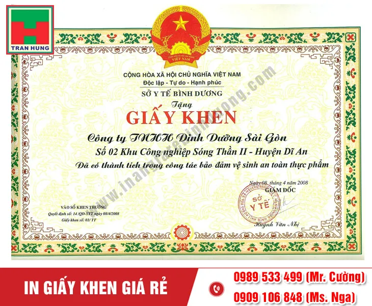 Sản phẩm in giay khen binh duong — In Ấn Trần Hùng - Công Ty TNHH Một Thành Viên Sản Xuất - Thương Mại & Dịch Vụ In
Ấn Trần Hùng — MST 3701766422