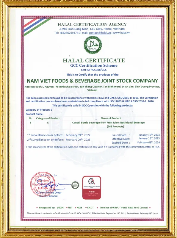 Sản phẩm Chung nhan Halal — Nước Giải Khát Nam Việt - Công Ty Cổ Phần Thực Phẩm Và Nước Giải Khát Nam Việt — MST 3702469912