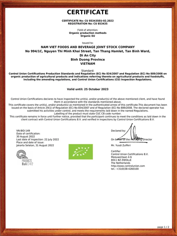 Sản phẩm EU ORGANIC — Nước Giải Khát Nam Việt - Công Ty Cổ Phần Thực Phẩm Và Nước Giải Khát Nam Việt — MST 3702469912