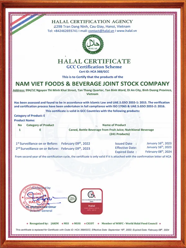 Sản phẩm Halal GCC — Nước Giải Khát Nam Việt - Công Ty Cổ Phần Thực Phẩm Và Nước Giải Khát Nam Việt — MST 3702469912