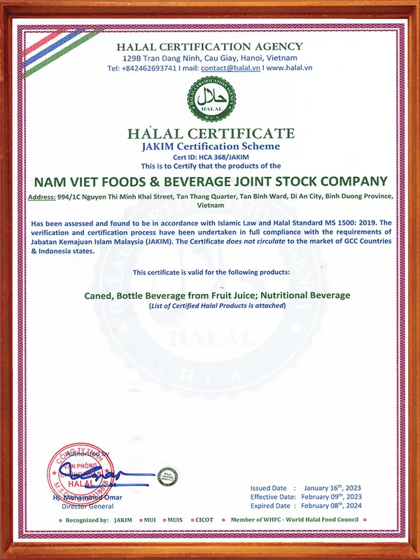 Sản phẩm Halal Jakim — Nước Giải Khát Nam Việt - Công Ty Cổ Phần Thực Phẩm Và Nước Giải Khát Nam Việt — MST 3702469912